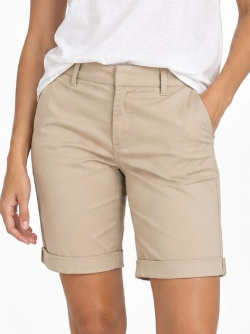 LOFT Bermuda Roll Shorts Tan Khaki Stretch Cotton Chino Classic Size 10